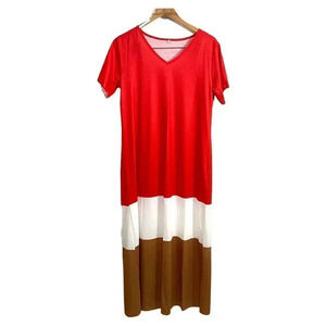 Maxi Dress Womens Tshirt Leisure Short Sleeve V Neck Sundress Colorblock Size S